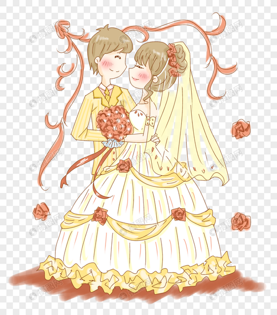 甜蜜婚纱照结婚夫妻插画PNG图片