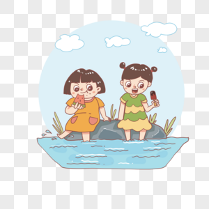 坐在河边吃西瓜的孩子高清图片