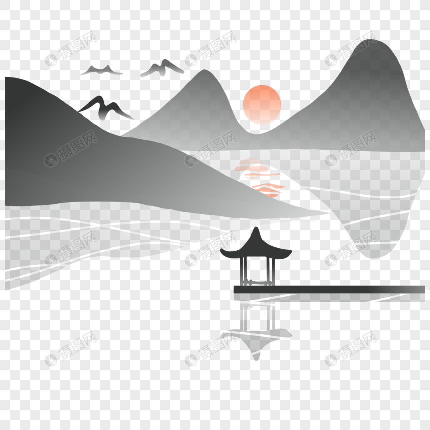 中国风古风水墨风山水古亭手绘背景