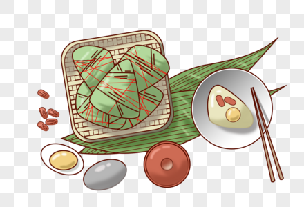 端午节粽子粽叶茶杯盘子红枣咸蛋筷子高清图片