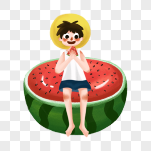 坐在西瓜上吃瓜的男孩图片