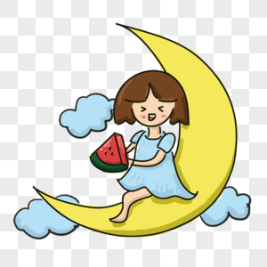 夏季月亮上吃西瓜的女孩装饰图片