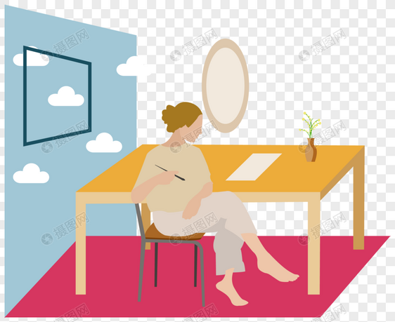 女生思考坐姿房间窗户桌子想象蓝天创意元素图片