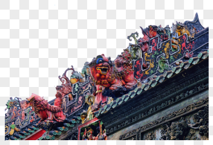 陈家祠传统的屋檐祥狮雕塑高清图片