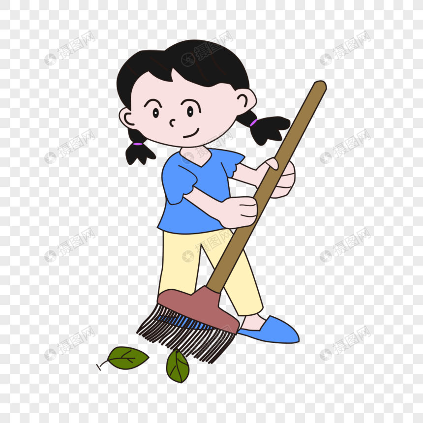 可爱卡通扫地的小女孩
