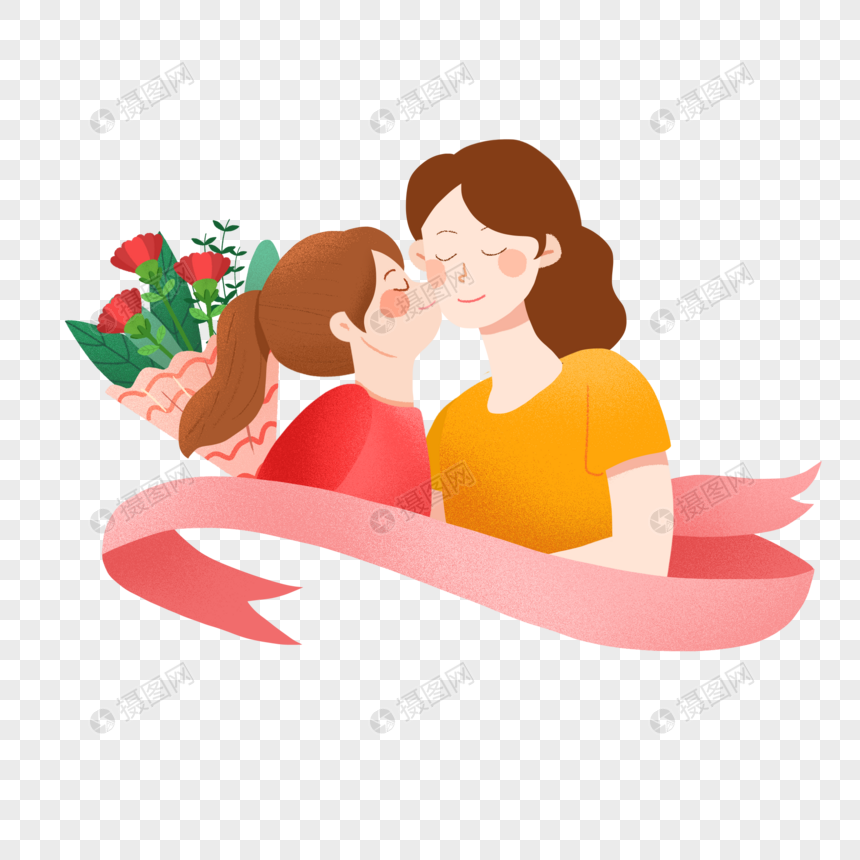 免抠元素 手绘/卡通元素 母亲节温馨母女装饰.psd
