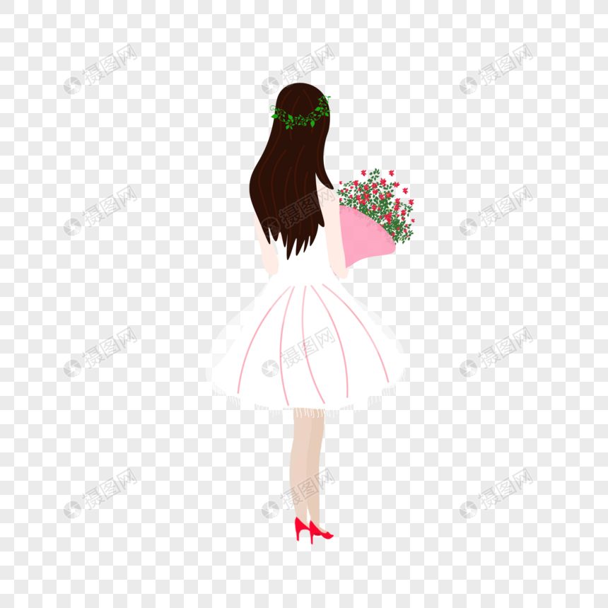免抠元素 手绘/卡通元素 抱着花的女孩背影.png