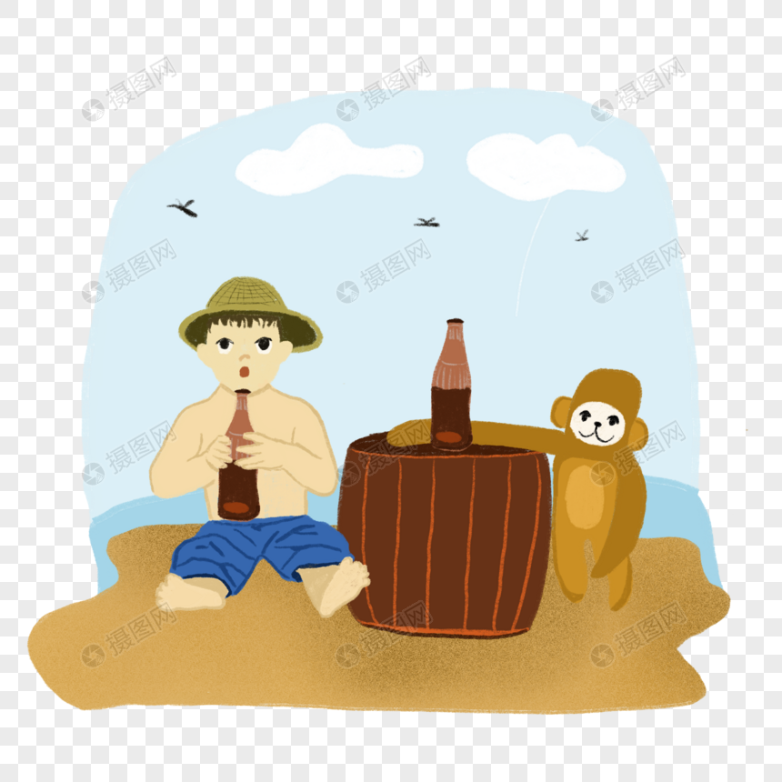 喝可乐夏日小孩草帽海滩手绘元素图片