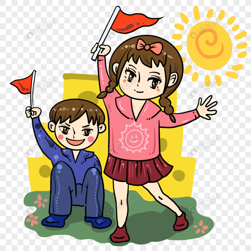 少年鼓舞举旗子加油