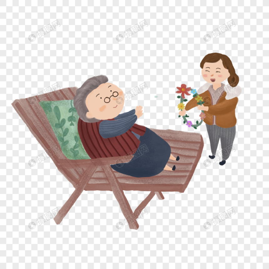 免抠元素 手绘/卡通元素 躺椅上的奶奶与送花环的小姑娘.psd
