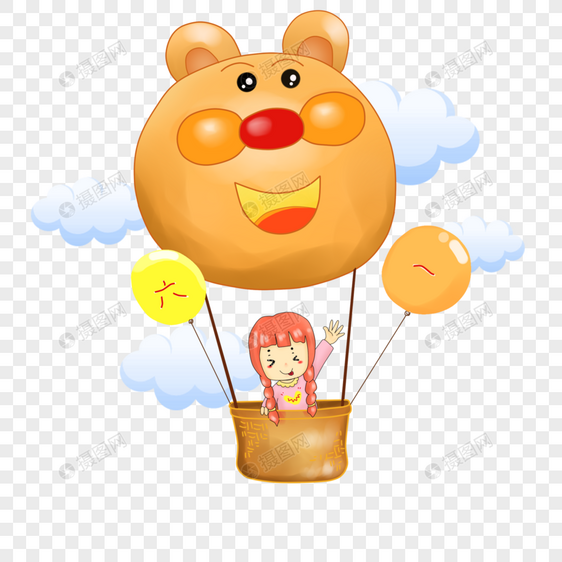 卡通手绘小熊热气球小女孩