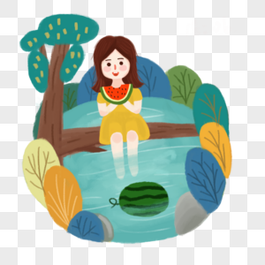 夏天女孩坐在池塘边吃西瓜图片