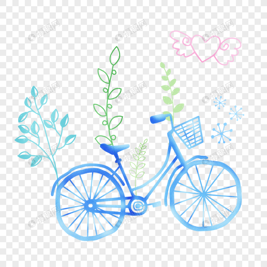 蓝色小清新自行车单车噪点卡通扁平手绘插画透明png图片