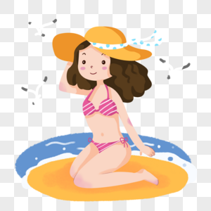 坐在沙滩上带着太阳帽的比基尼泳衣女孩图片