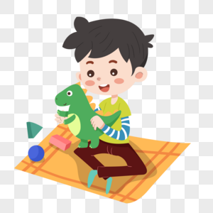 坐在地毯上玩恐龙玩具的小男孩图片