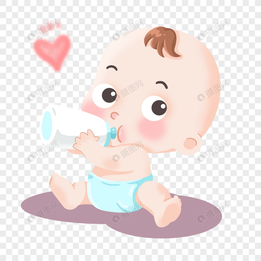 坐着抱着奶瓶喝奶的尿不湿小婴儿宝宝