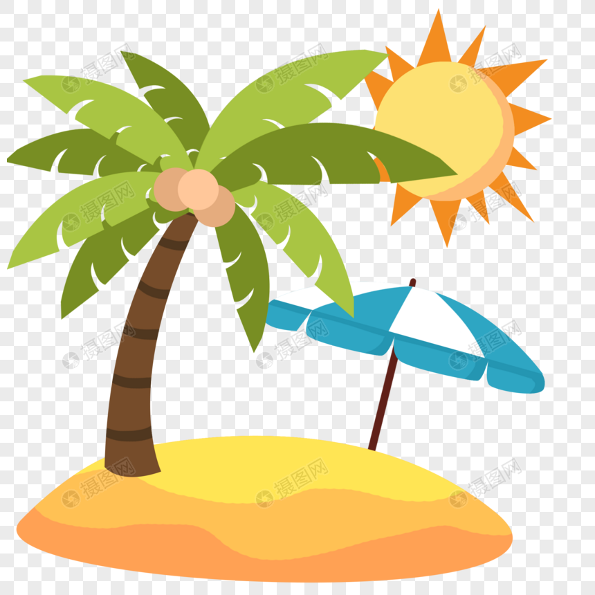 夏天海边太阳下的椰子树遮阳伞和沙滩图片