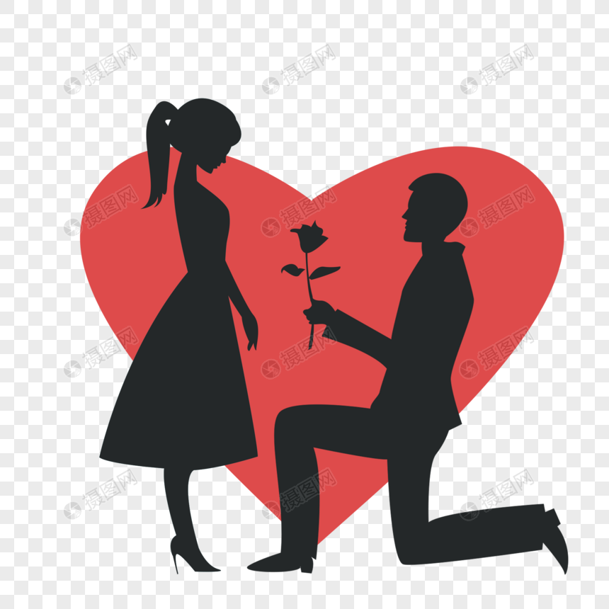 拿着玫瑰花表白求婚的情侣剪影图片