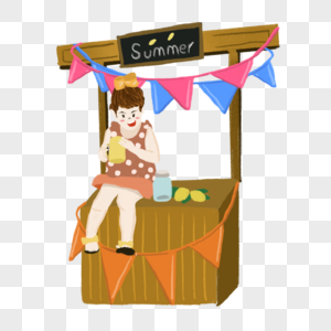 小女孩在柜台上开心快乐彩旗裙子插画元素高清图片
