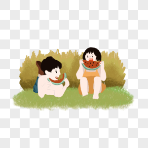 男孩女孩吃西瓜哥哥看着妹妹童年夏日生活场景