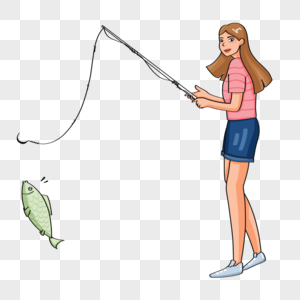 手绘女子钓鱼人物形象图片