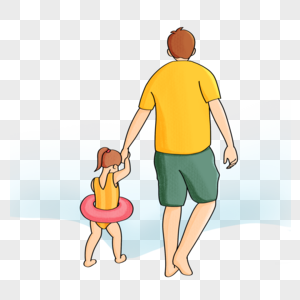 手绘海边爸爸牵着女儿人物形象高清图片
