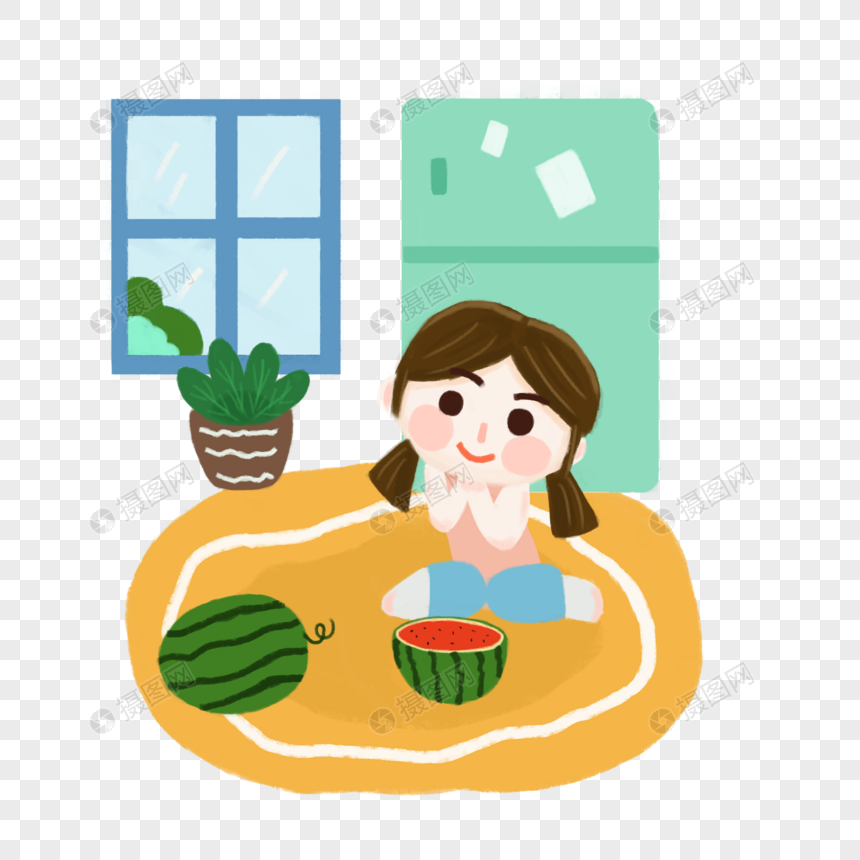 夏天在家里吃西瓜的小女孩