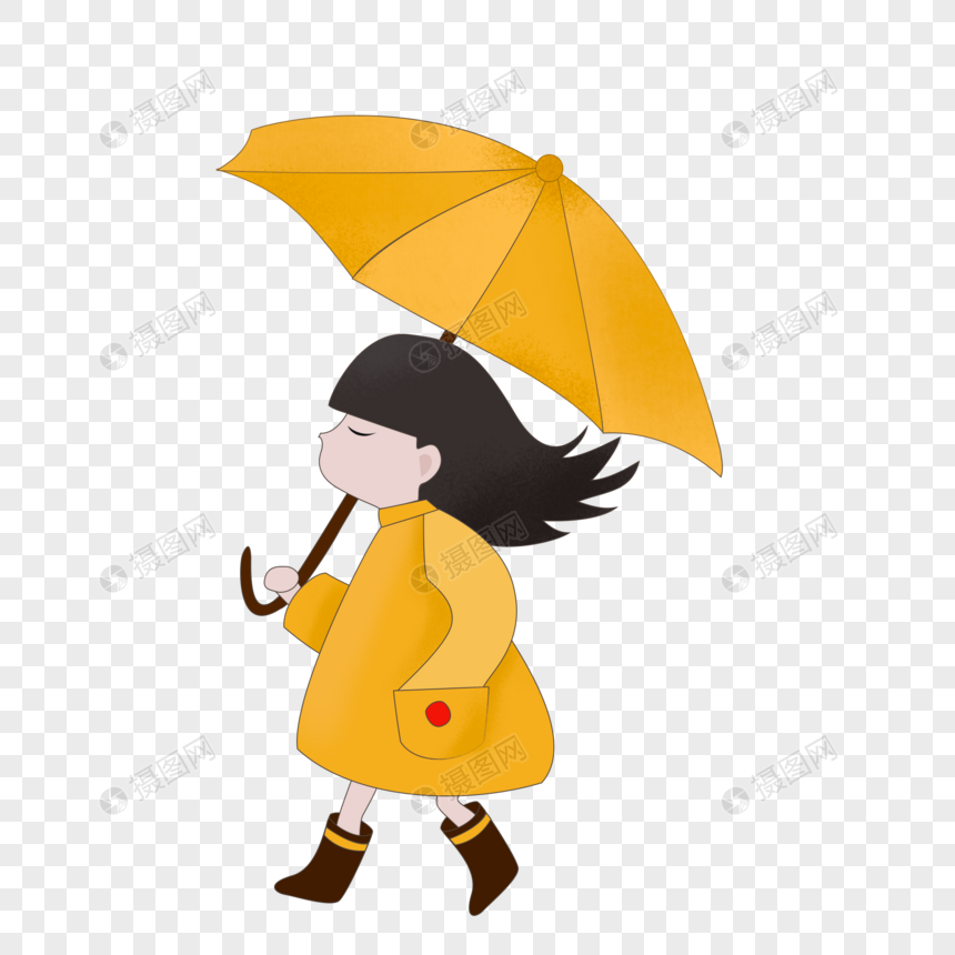手绘雨中撑伞的小女孩