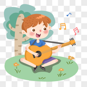在树下弹吉他的可爱小男孩高清图片