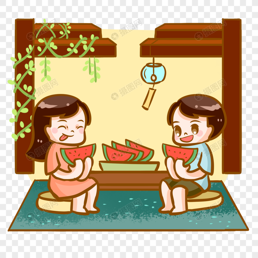 坐着吃西瓜的孩子