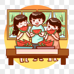 吃西瓜的一家人图片