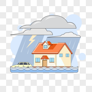 暴雨天被水淹没的房子和汽车涨潮高清图片素材