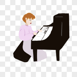 女孩弹钢琴短发侧脸紫色裙子优雅插画元素图片