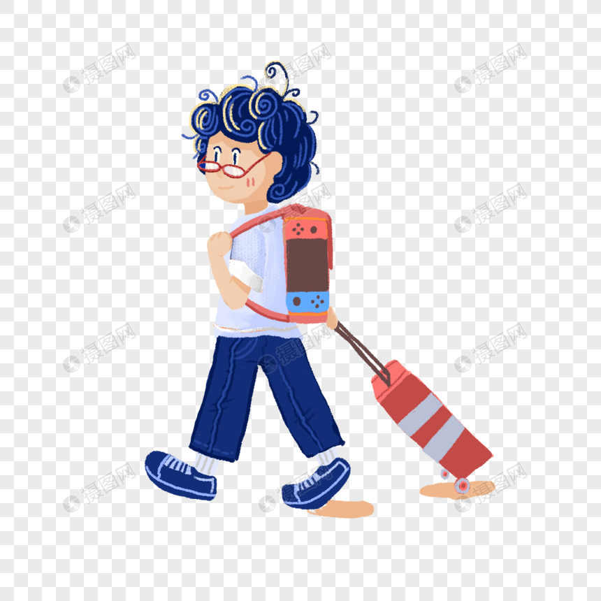 手绘/卡通元素 拉着行李箱的男孩.