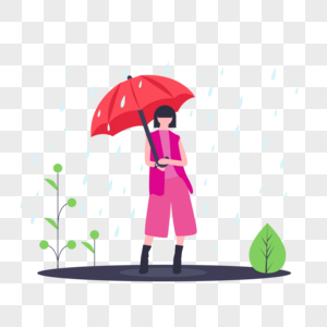 扁平化商务女性撑伞下雨插画图片