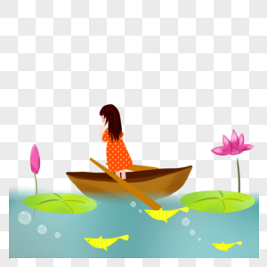 荷塘里划船的女孩图片
