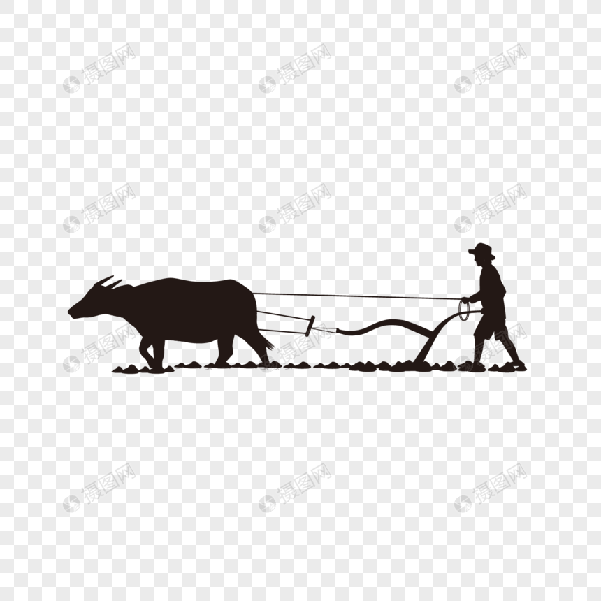 农民耕牛耕地剪影元素