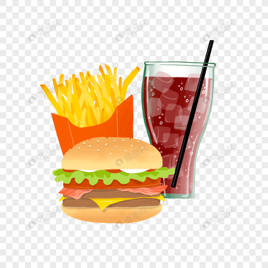 汉堡薯条可乐套餐美食手绘素材