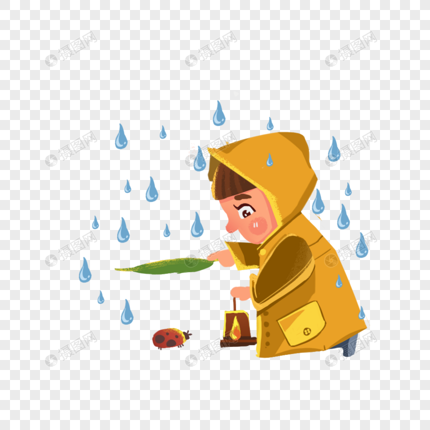 下雨天小男孩树叶为虫子挡雨