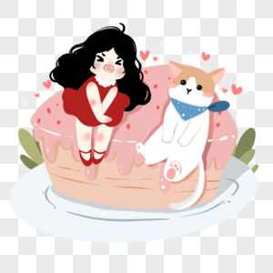 蛋糕上的女孩和宠物狗狗图片