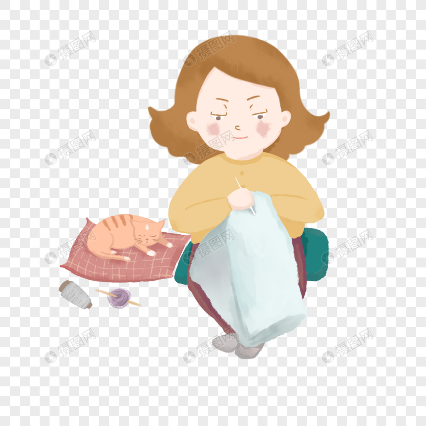手绘/卡通元素 缝补衣服的妈妈.