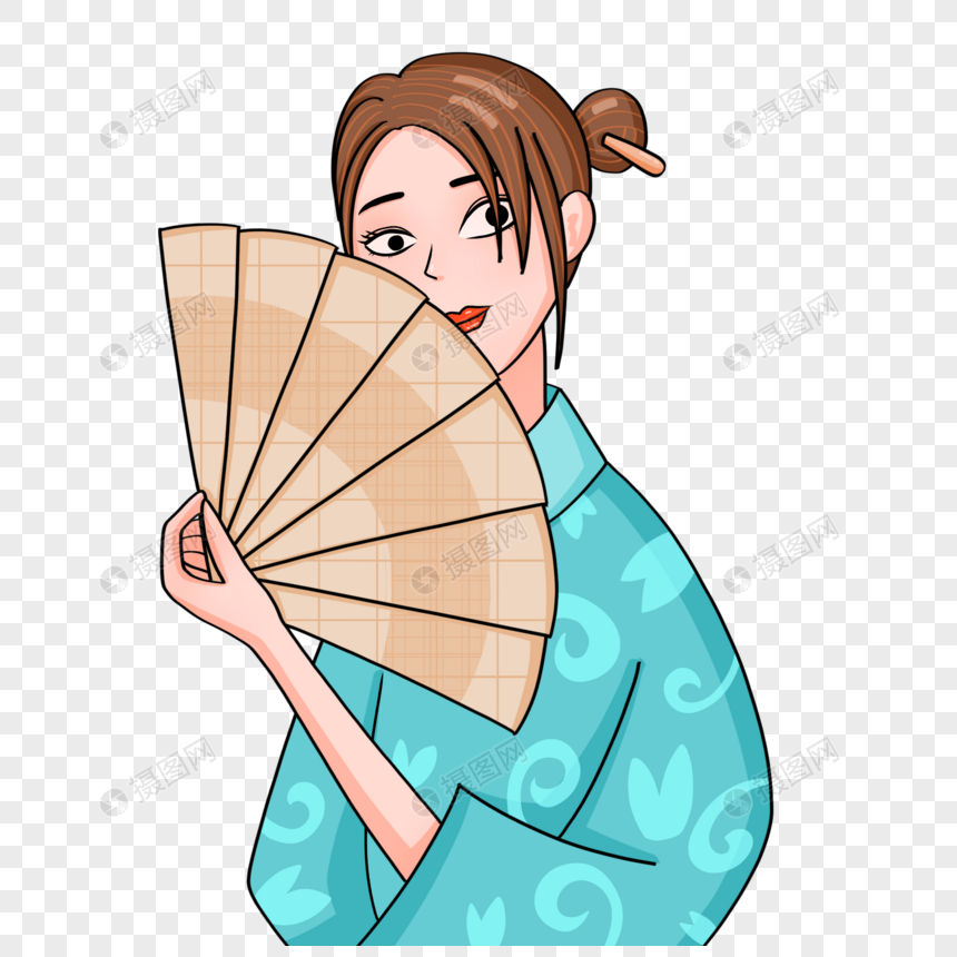 手绘和风少女手持扇子遮面人物形象