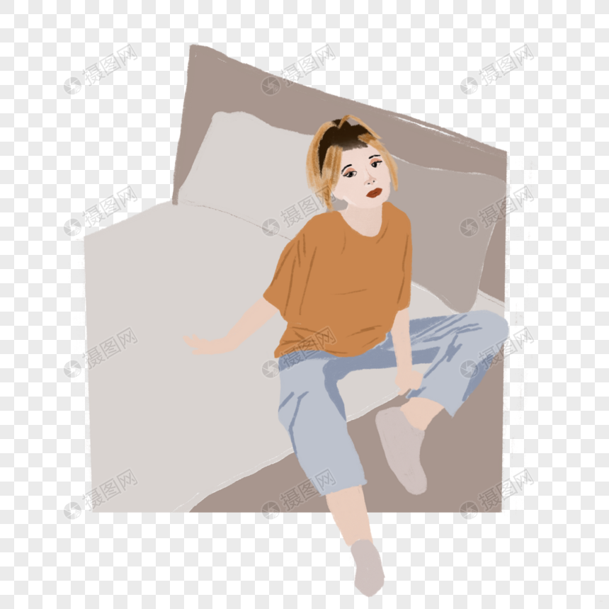 免抠元素 手绘/卡通元素 女孩房间独处生活场景单人床休闲插画.psd