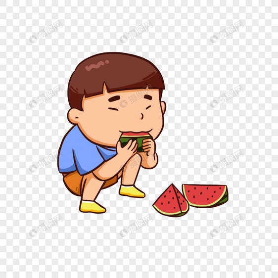 蹲着吃西瓜的孩子图片