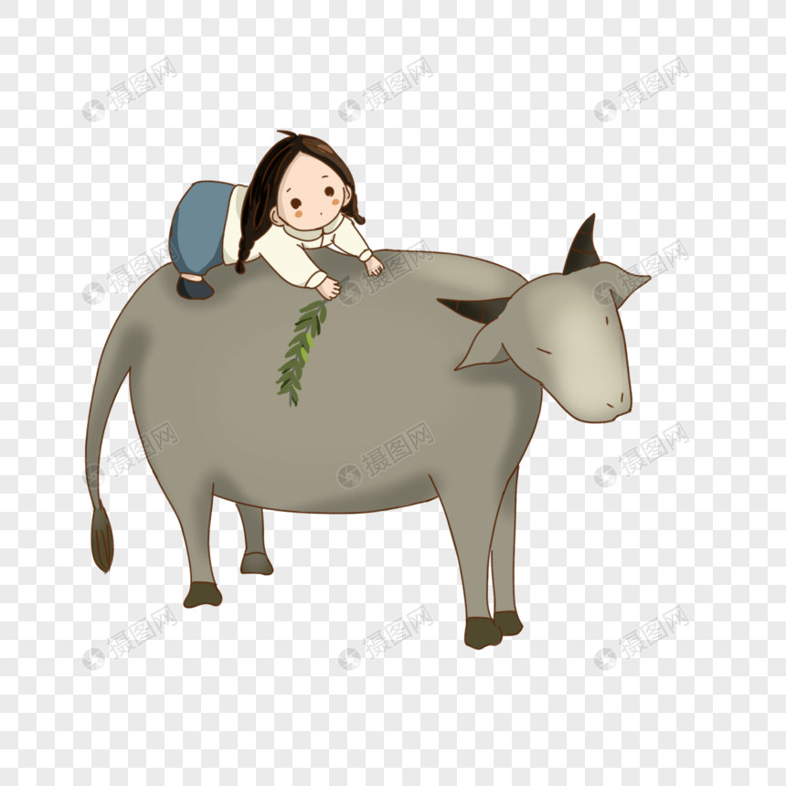 手绘可爱女孩坐在牛背上开心玩耍
