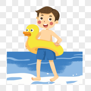 海边玩耍抱着鸭子游泳圈的小男孩图片