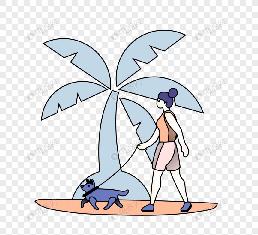 夏天椰子树下遛狗女孩卡通扁平手绘