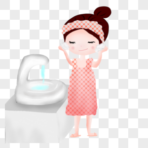 洗手台前洗脸的女孩高清图片