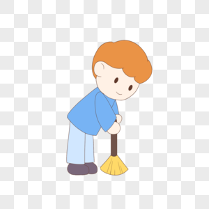 手绘卡通劳动节扫地的蓝衣男孩图片