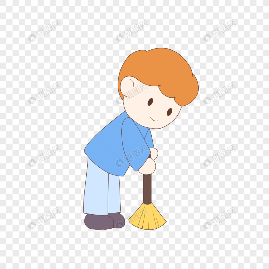 手绘卡通劳动节扫地的蓝衣男孩